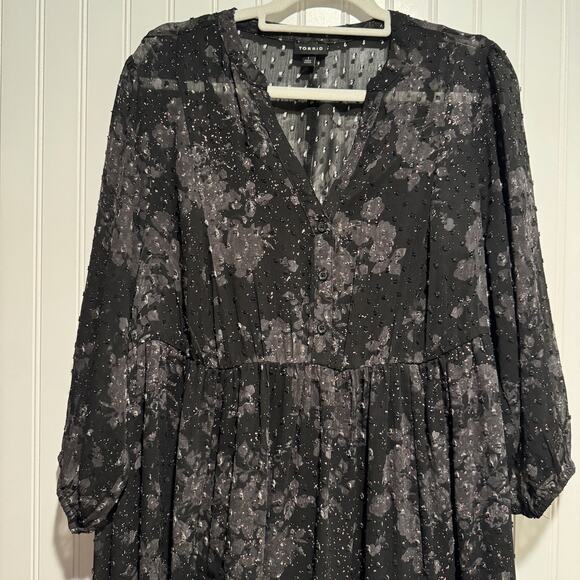 Torrid Swiss Dot Floral Midi Dress Black Gray Plus Size 1X - Picture 3 of 8
